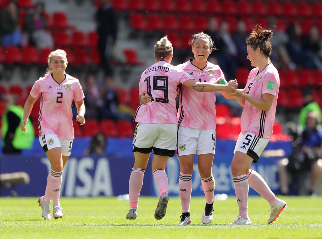 Rachel Corsie celebrates with teammates during Scotland's World Cup clash with Japan
