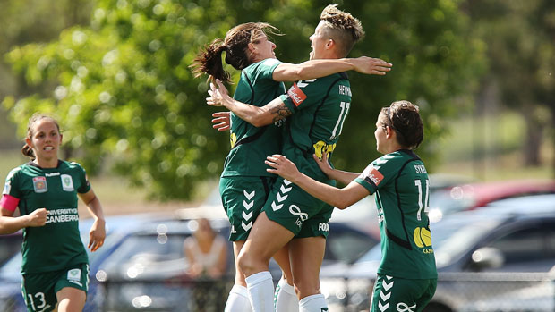 Canberra players celebrate Michelle Heyman's equaliser against Perth Glory.